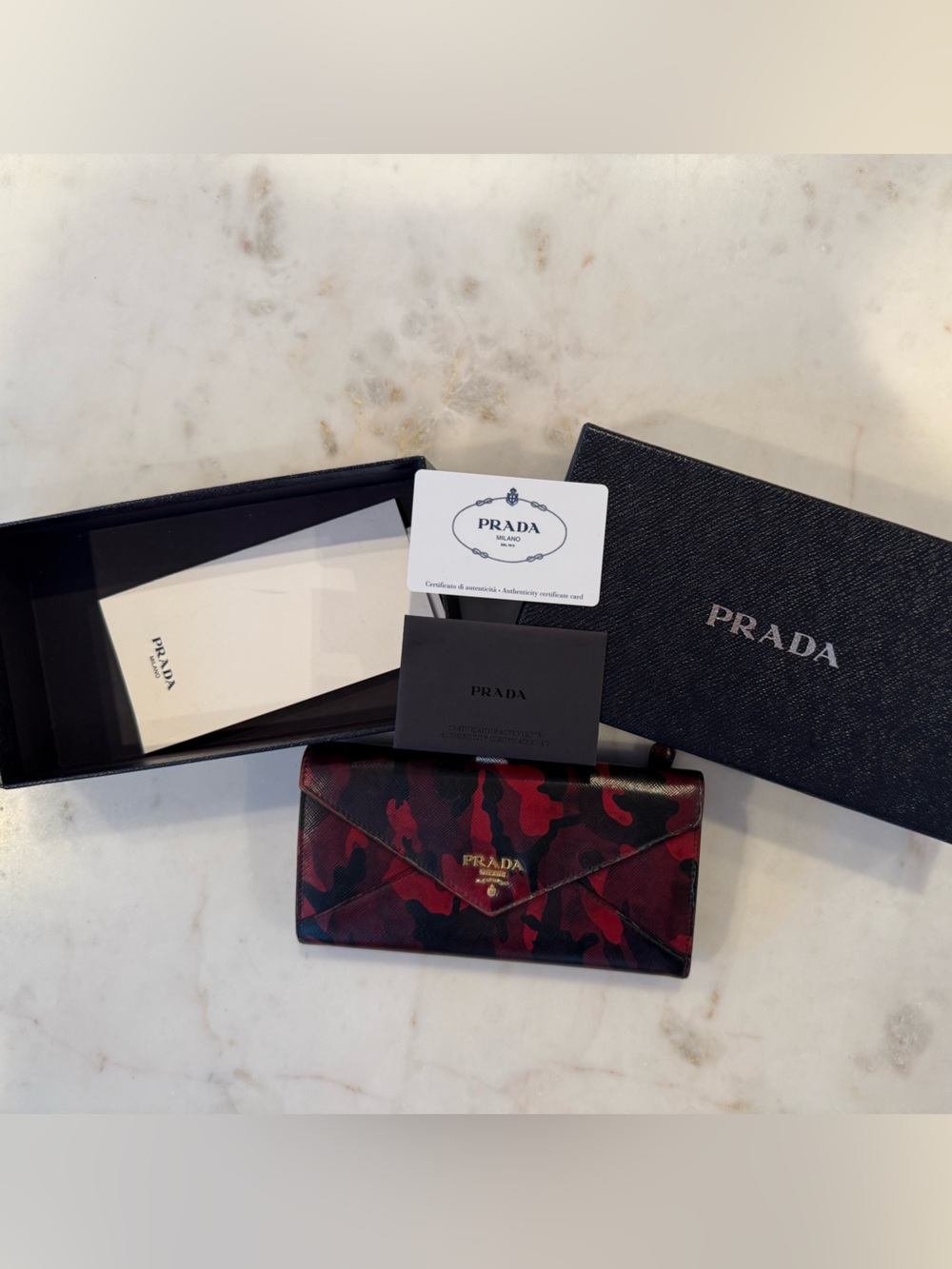 Prada Red and Black Camo Saffiano Leather Card Holder with Gold Logo